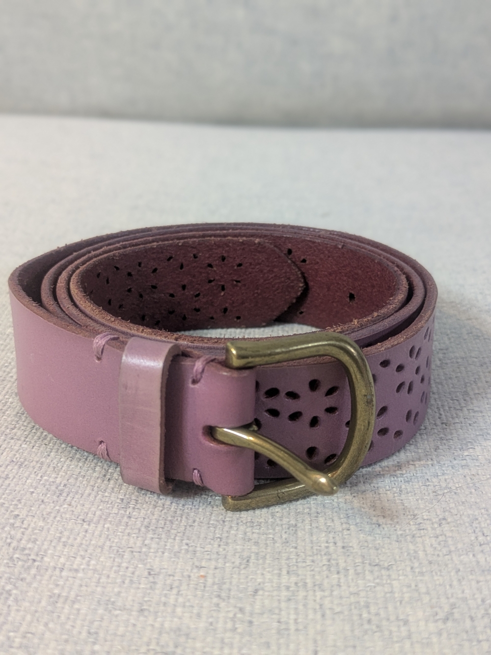 Woman Lavender Purple Perforated Belt Floral Cutout Brass Buckle Boho